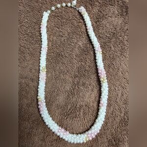Handmade Elegant Pearl Necklace with Pink and‎ Gold Accents 20" Long